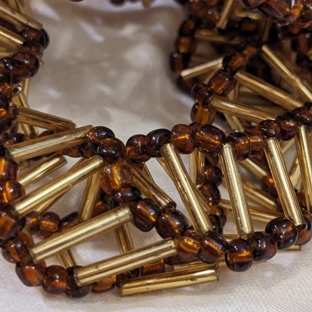 Vintage Christmas Bugle Bead Garland Lot 36 Ft Total 6 Strands Gold Amber